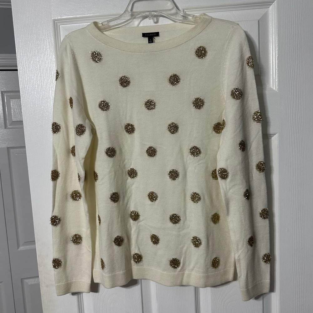 Talbots Cream Sweater with Gold Sequin Polka Dots